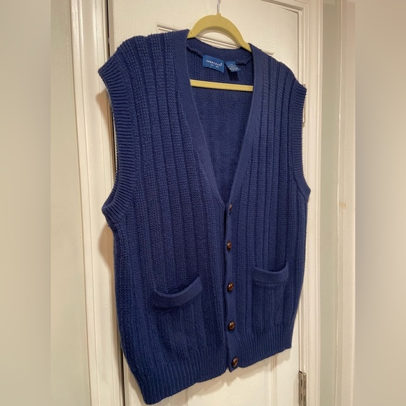 Towncraft Navy Blue Ribbed Knit V Neck Sweated Vest Leather Like Buttons Size L - Picture 3 of 10
